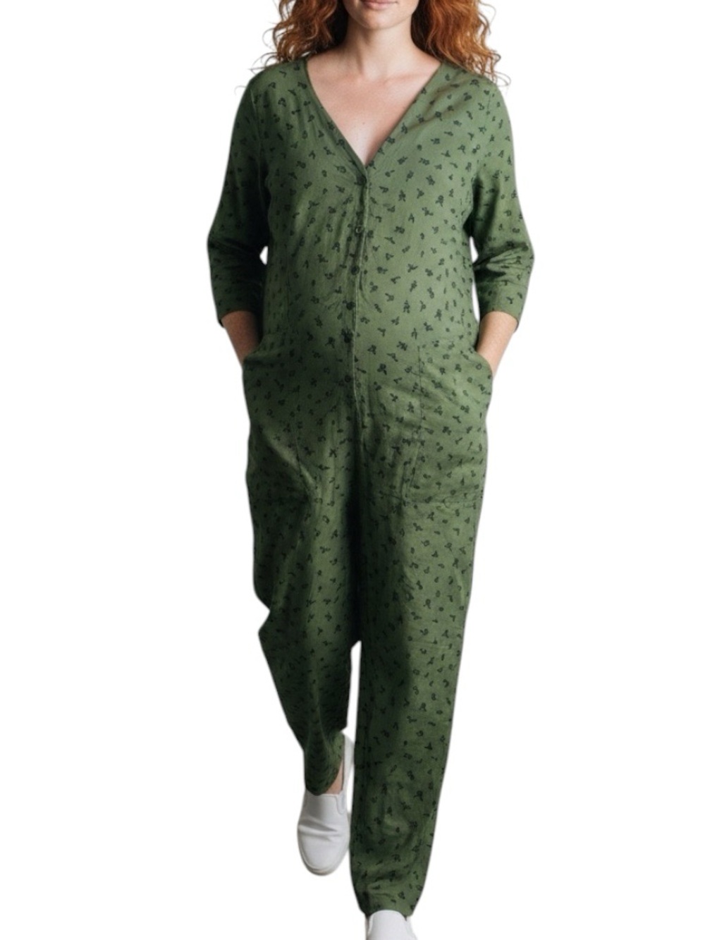 the nines by Hatch Olive Green Floral Printed Button Front Maternity Jumpsuit